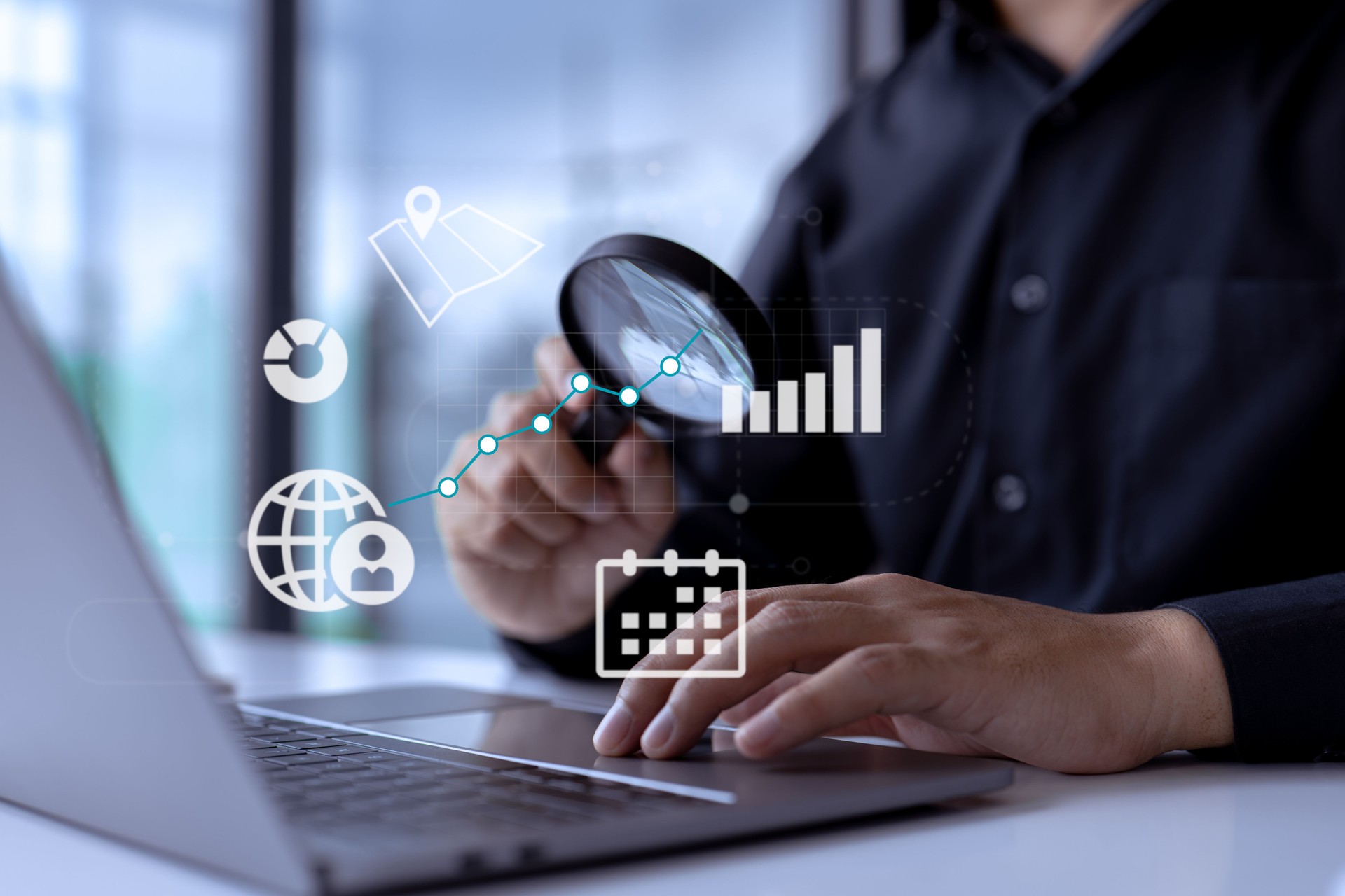 Business analyst with magnifying glass analyzing graphs and charts for market expansion, financial reports, investment data, or sales information concepts.